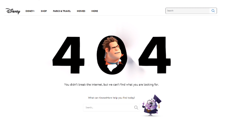 Tela do erro 404  da Disney