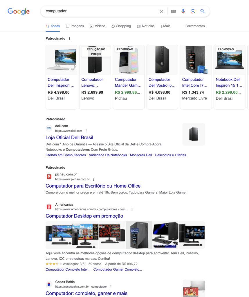 print de uma página do google para a busca "computador", mostrando a intenção de busca por trás