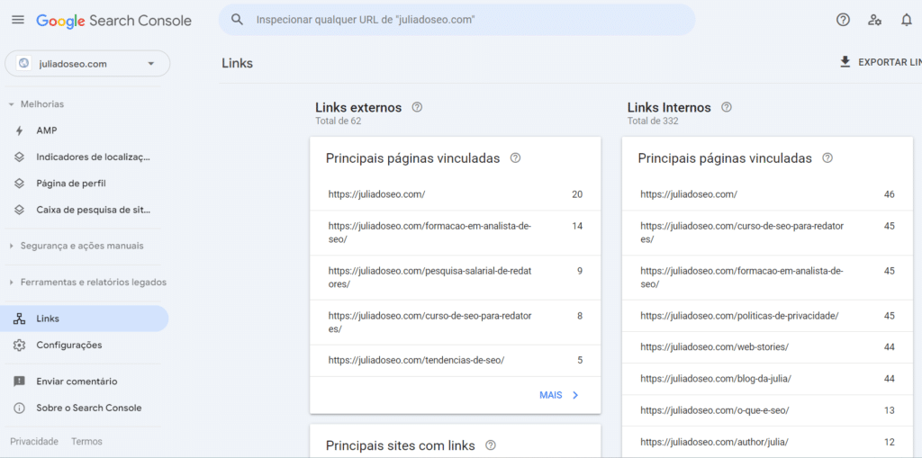 Print da tela do Google Search Console na aba links da Júlia do SEO